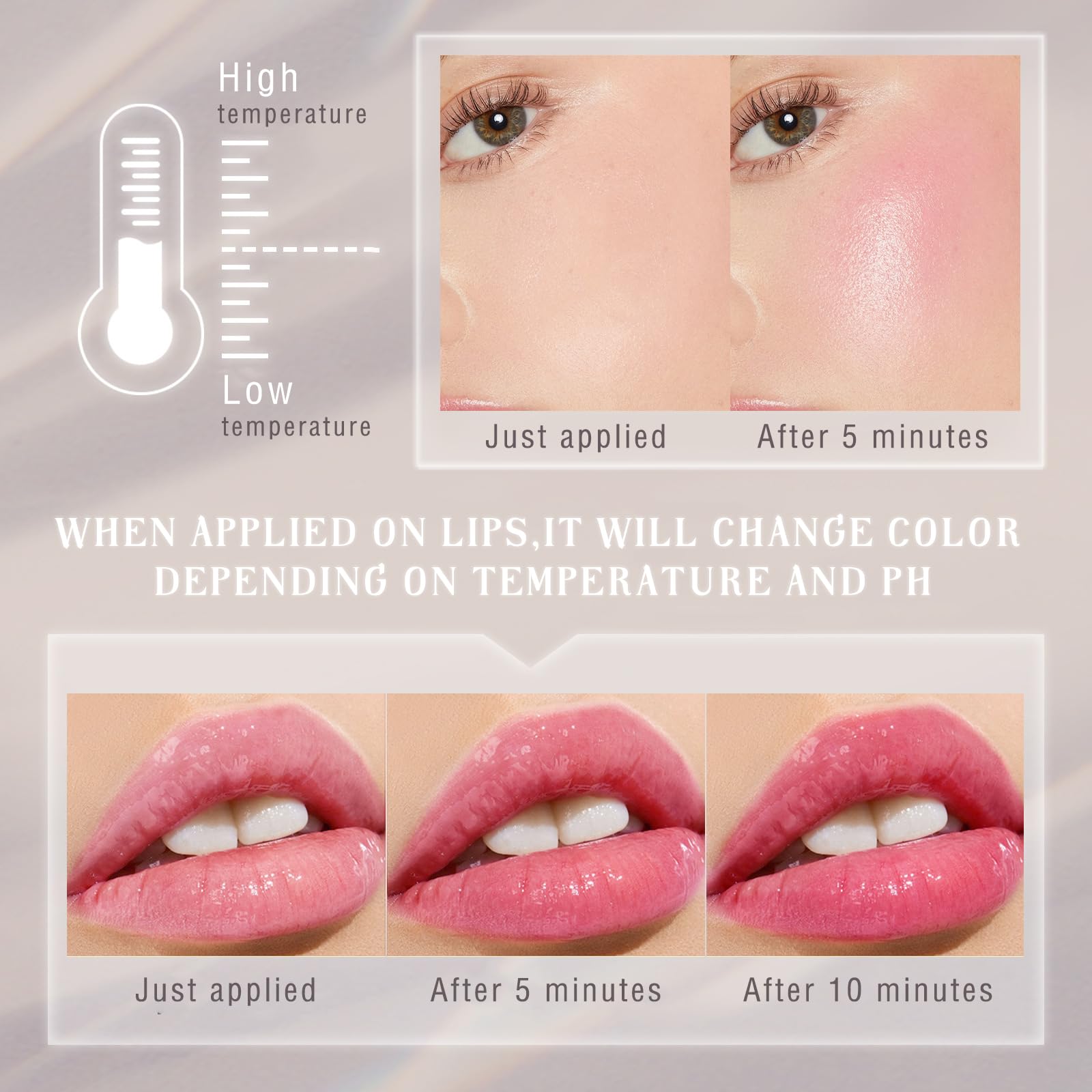 NewBang blush close-up reveals temperature-driven pink shift for radiant skin.
