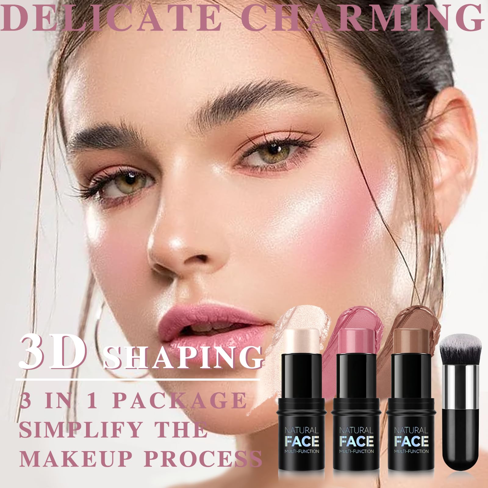 NewBang blush stick swatch on cheek shows a soft, natural flush.