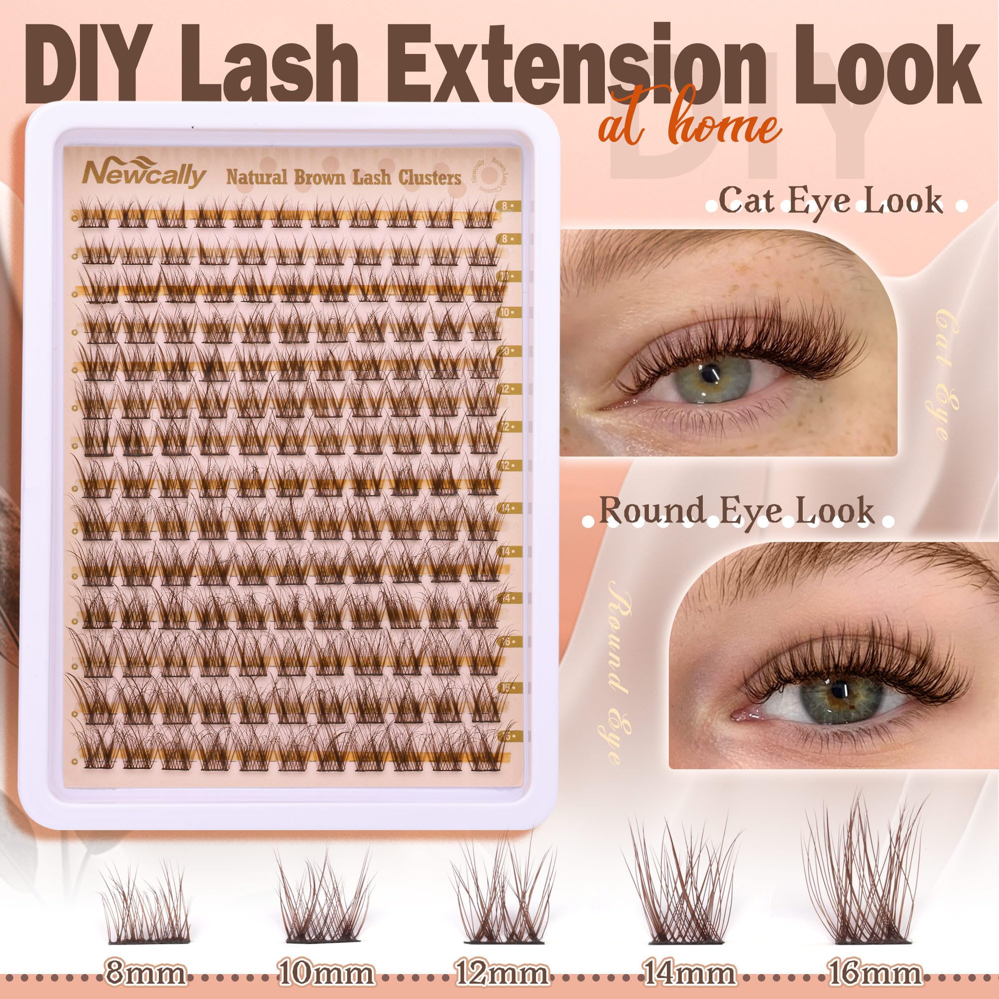 Newcally brown lash clusters application guide demonstrates quick DIY lash styling.