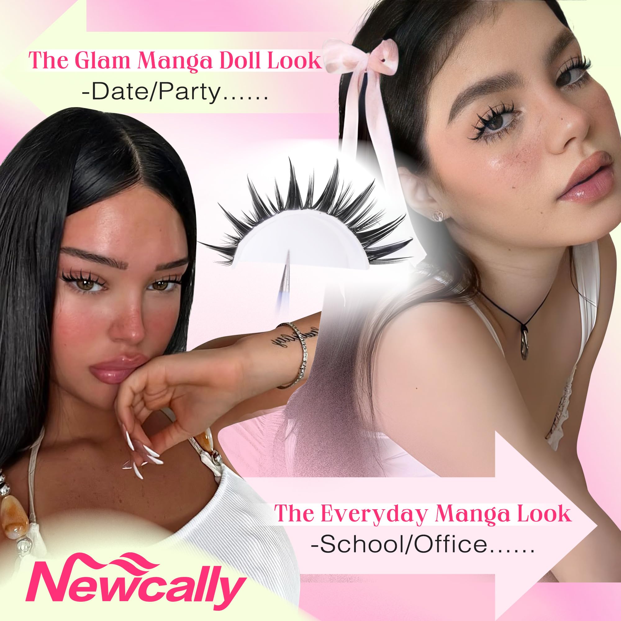Newcally clear-band manga clusters blend seamlessly with natural lashes.