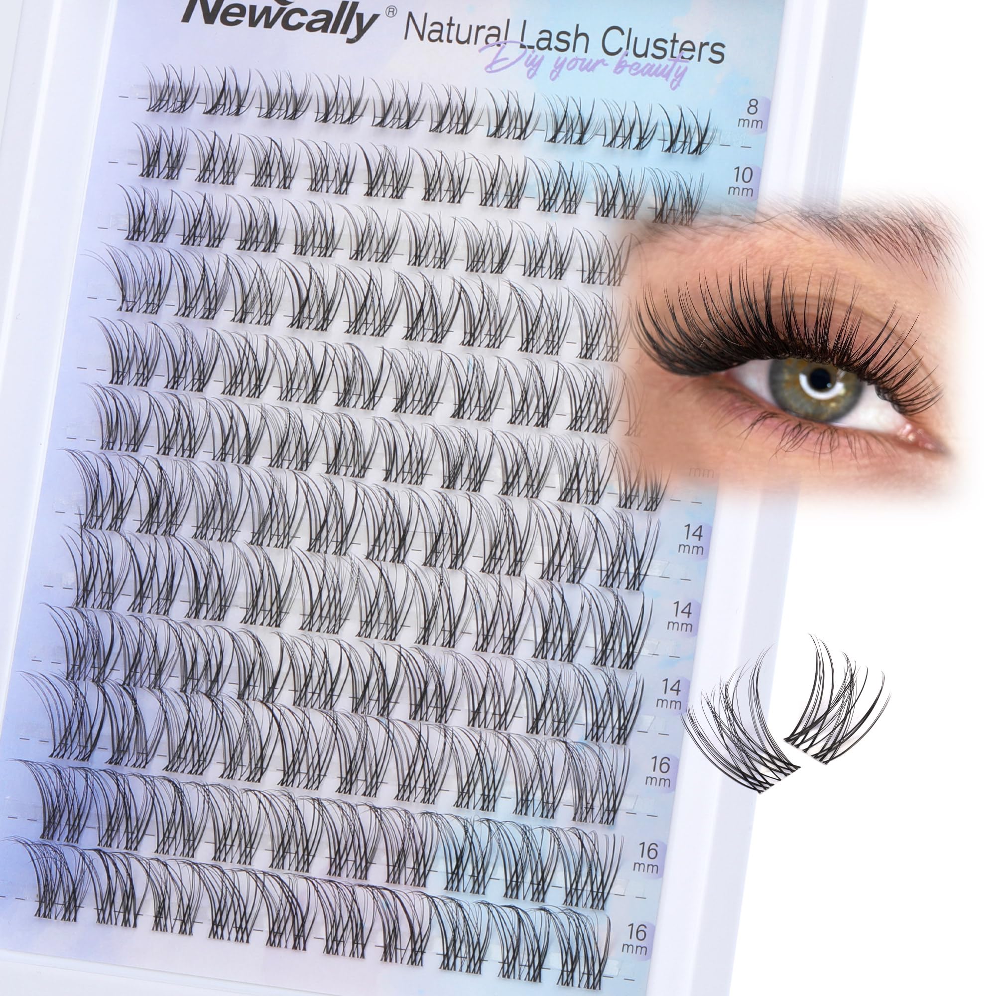 Newcally natural lash clusters 8–16mm close-up for a soft, feathered look.