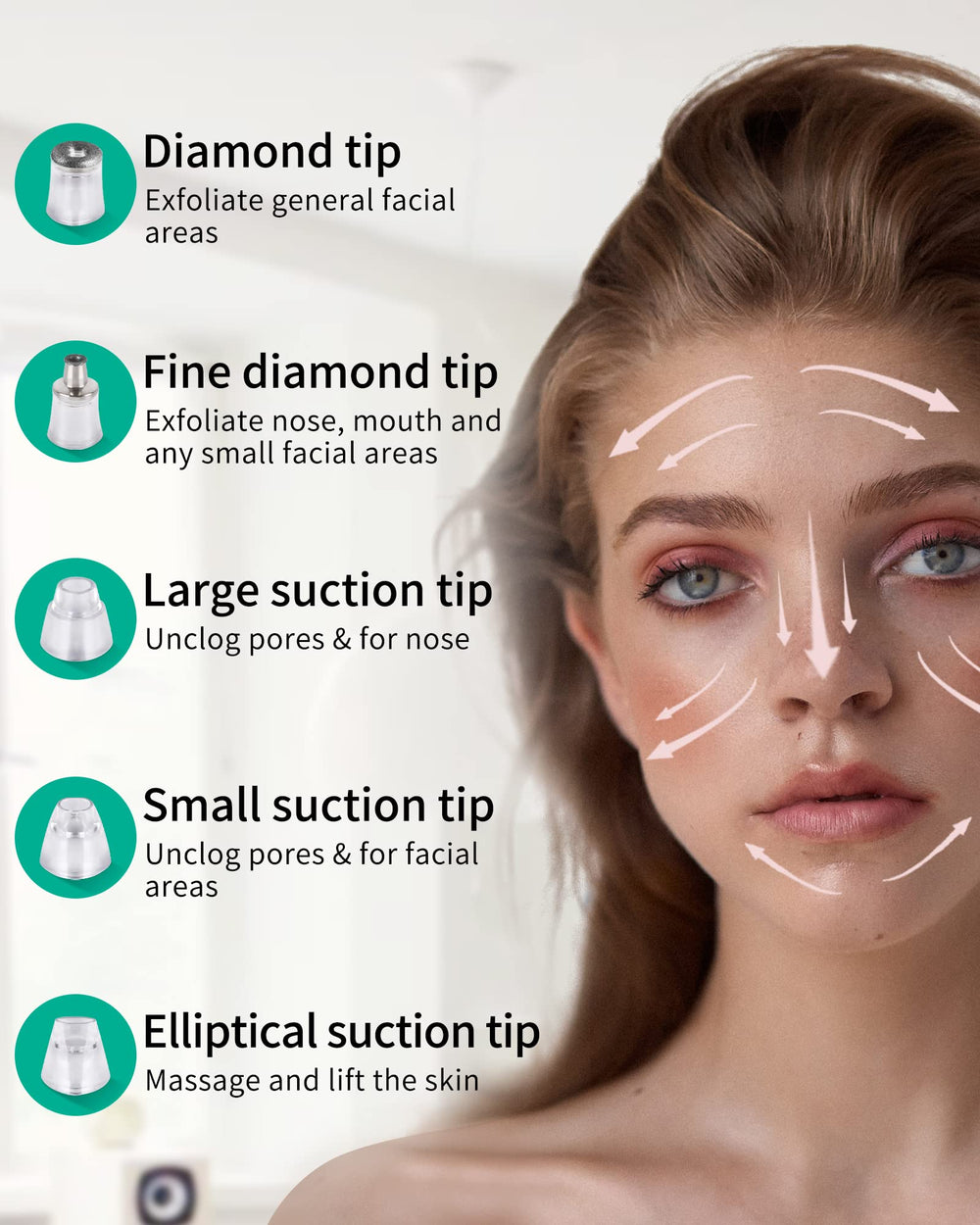 NEWDERMO diamond head for precise exfoliation and smoother skin texture.