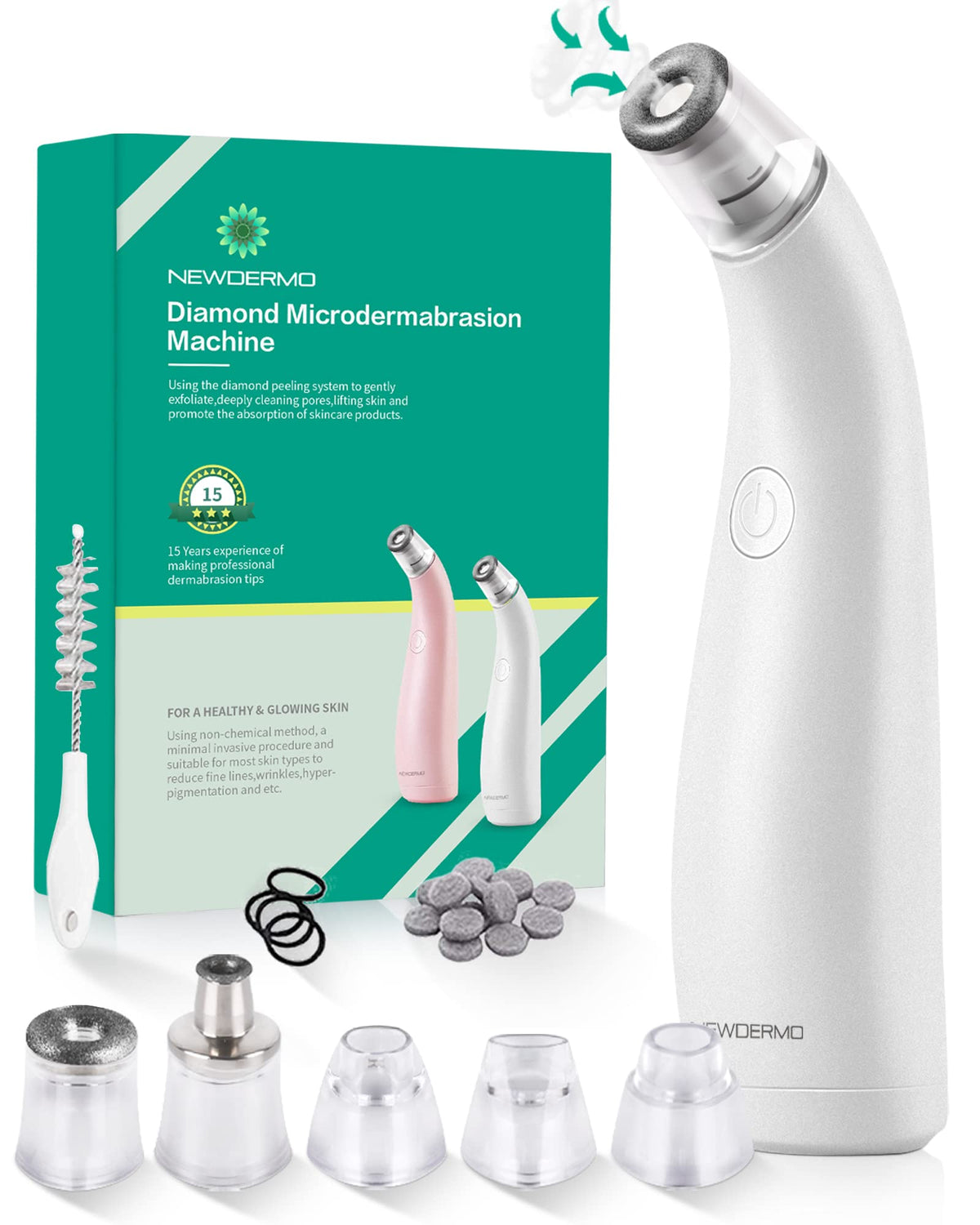 NEWDERMO 2-in-1 microdermabrasion machine front view for at-home exfoliation and glow.