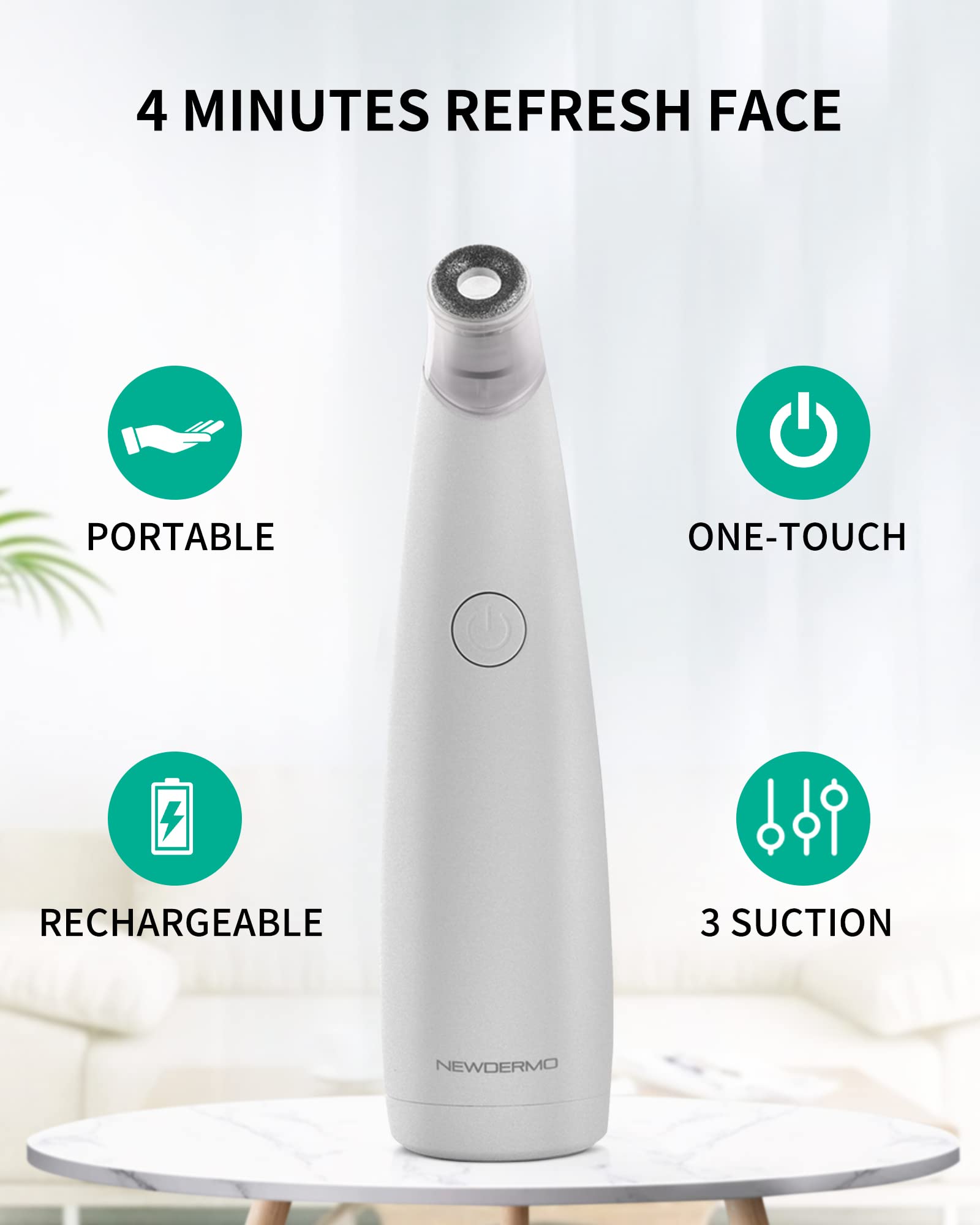NEWDERMO USB-rechargeable unit shown for cordless, convenient use.