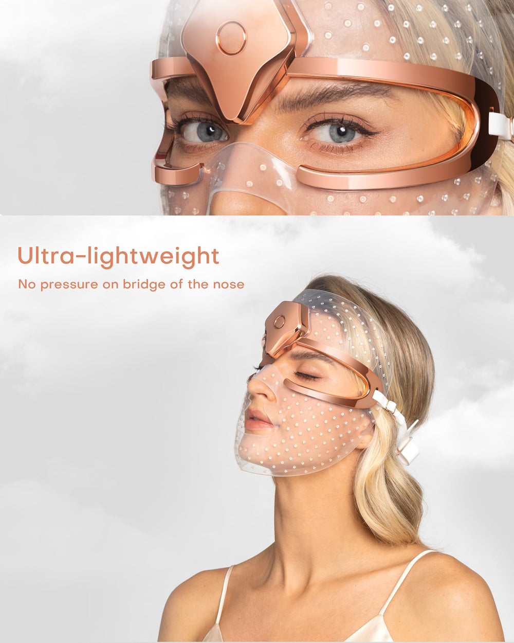 LED array close-up showing blue 465nm and red 640nm wavelengths for targeted treatment.