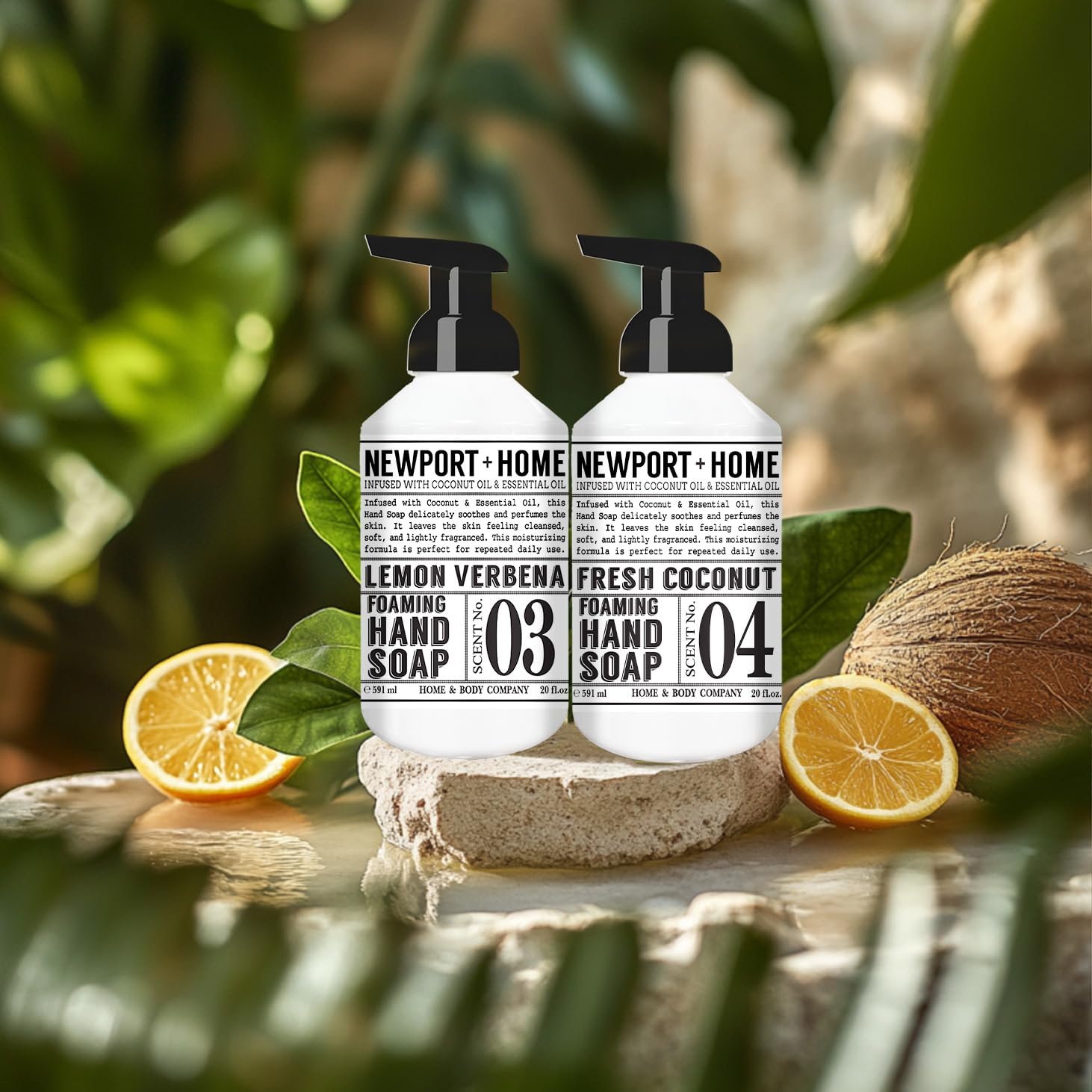 Newport Home foaming hand soap fresh coconut bottle highlighting tropical fragrance and moisturizing formula