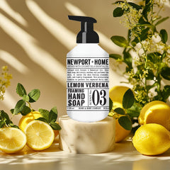 Newport Home foaming hand soap pump dispenser image emphasizes easy, economical foam for every sink