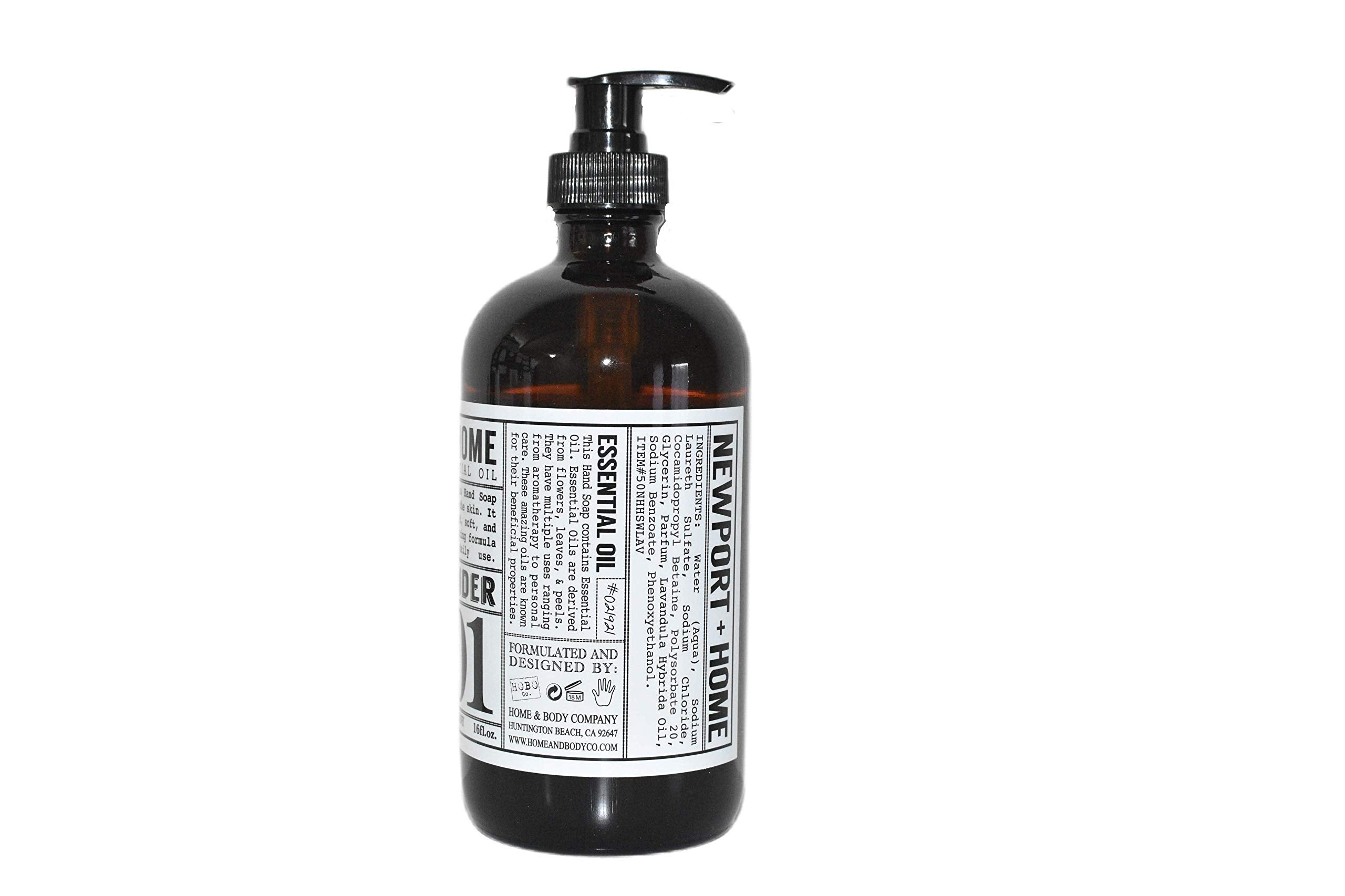 Newport Home Hand Soap Co Wild Lavender bottle front label closeup, premium scent enhances daily hand care.