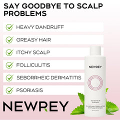 The close-up shows NEWREY herbal ingredients supporting scalp comfort.