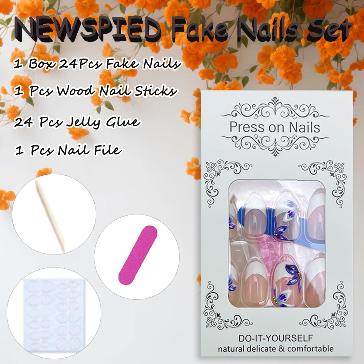 NEWSPIED 3D flower press-on nails close-up with vibrant petals