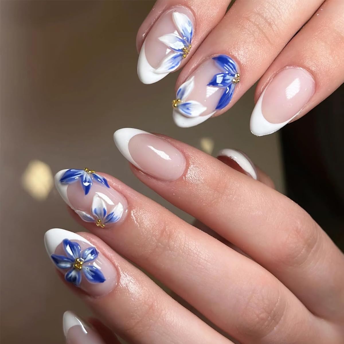 NEWSPIED medium almond nails with 3D flower design for stylish accents