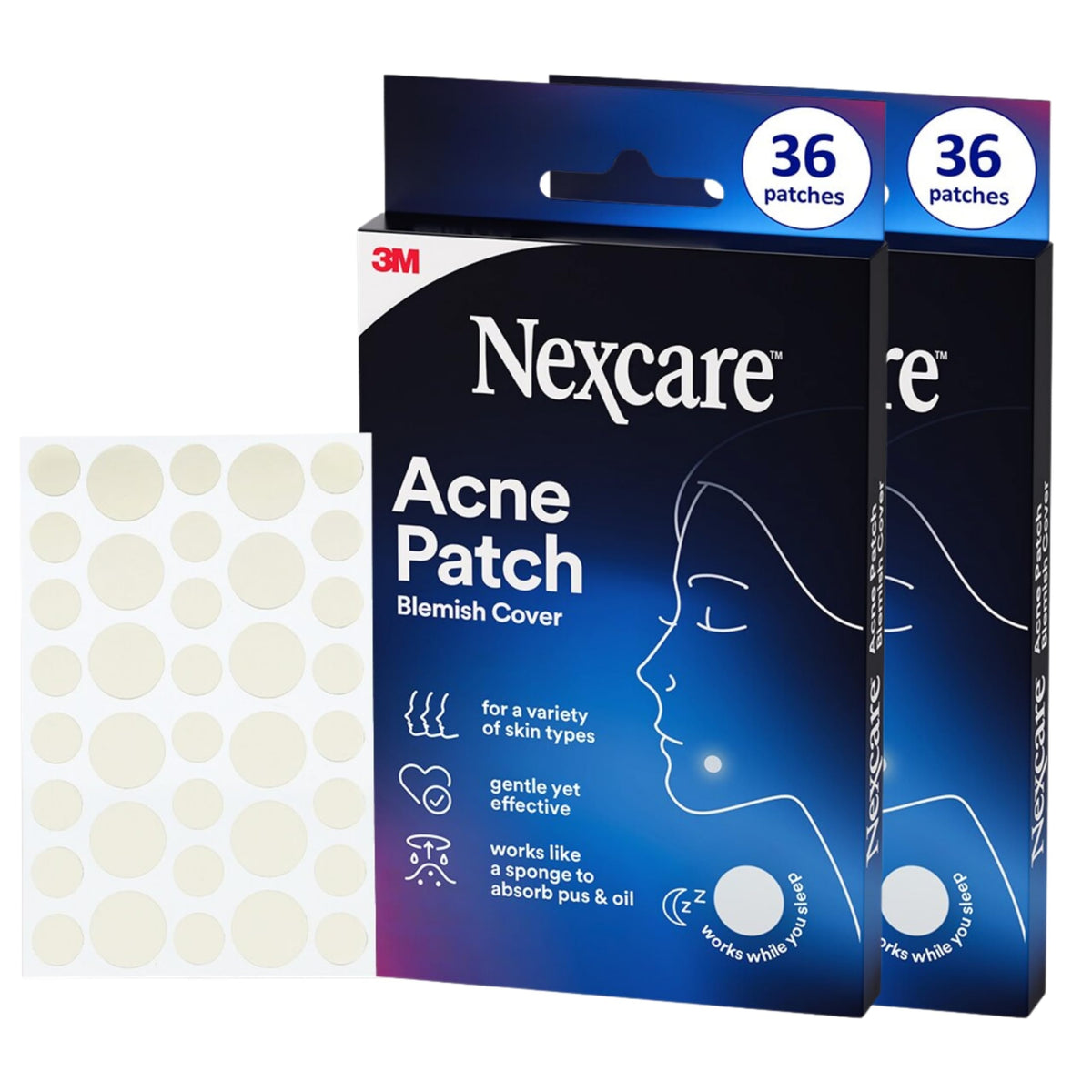 Nexcare Acne Absorbing Covers patch on skin absorbs oil and fluid