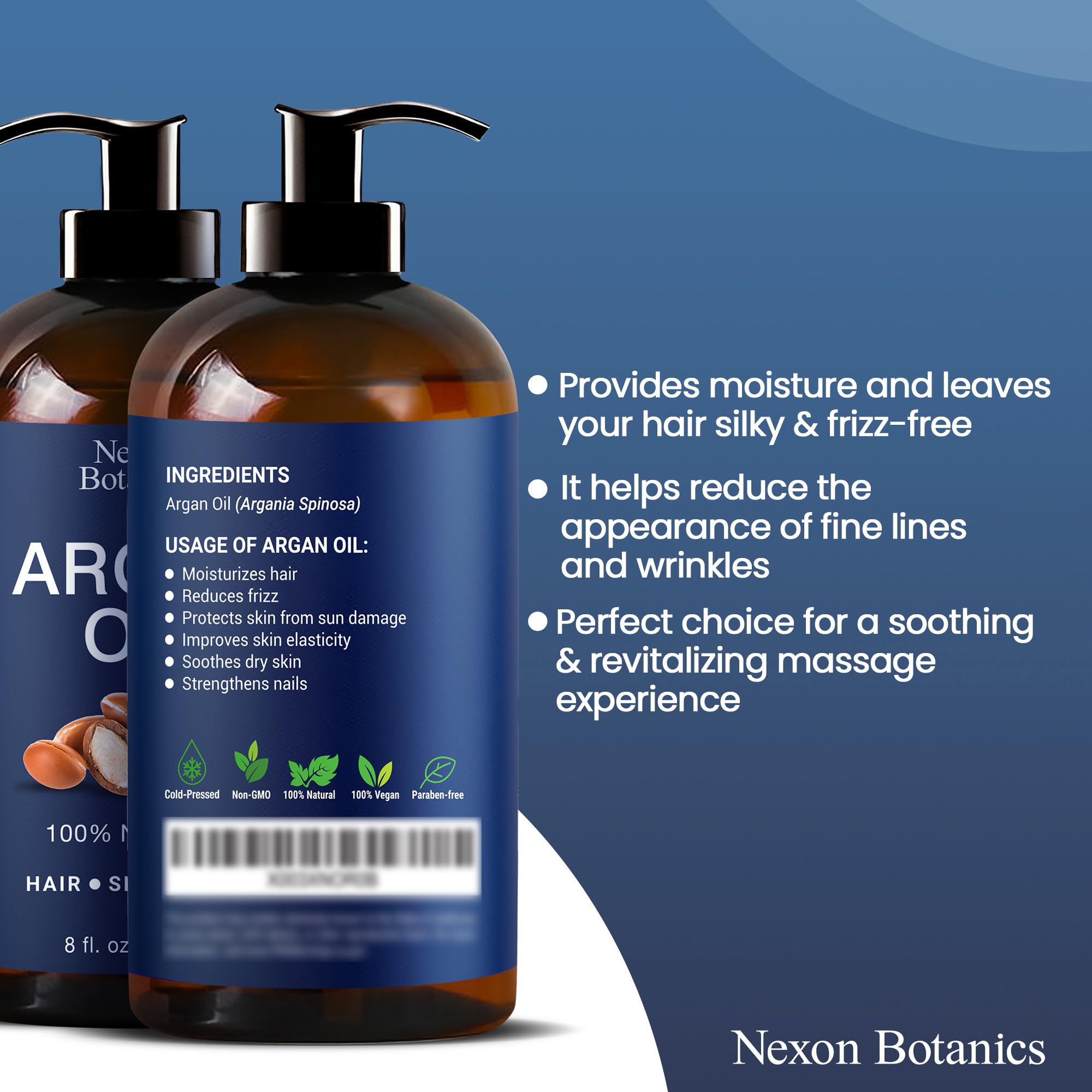 Nexon Botanics Argan Oil bottle with pump-cap facilitates easy dosing.