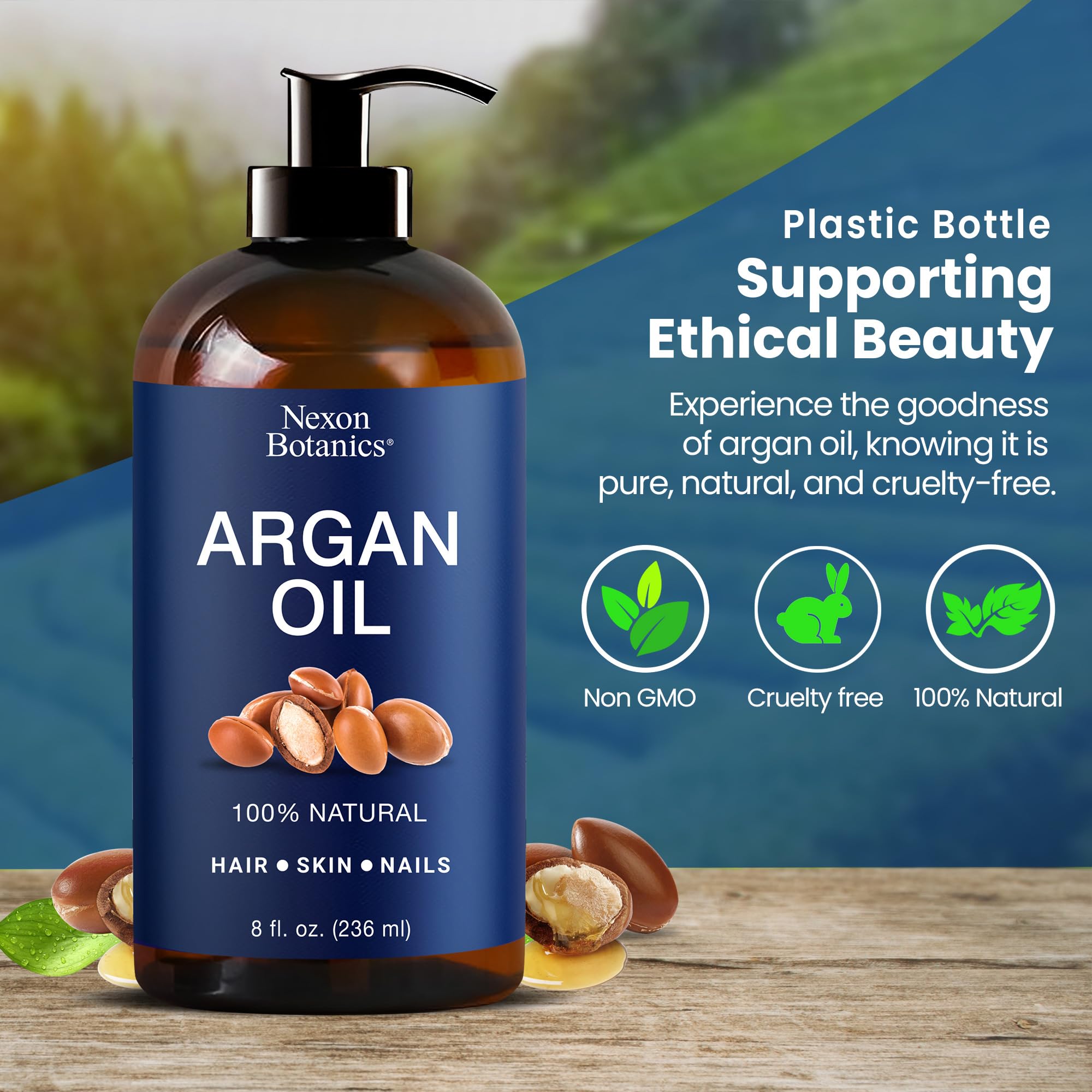 Nexon Botanics Argan Oil hair-care routine shot demonstrating lightweight feel.