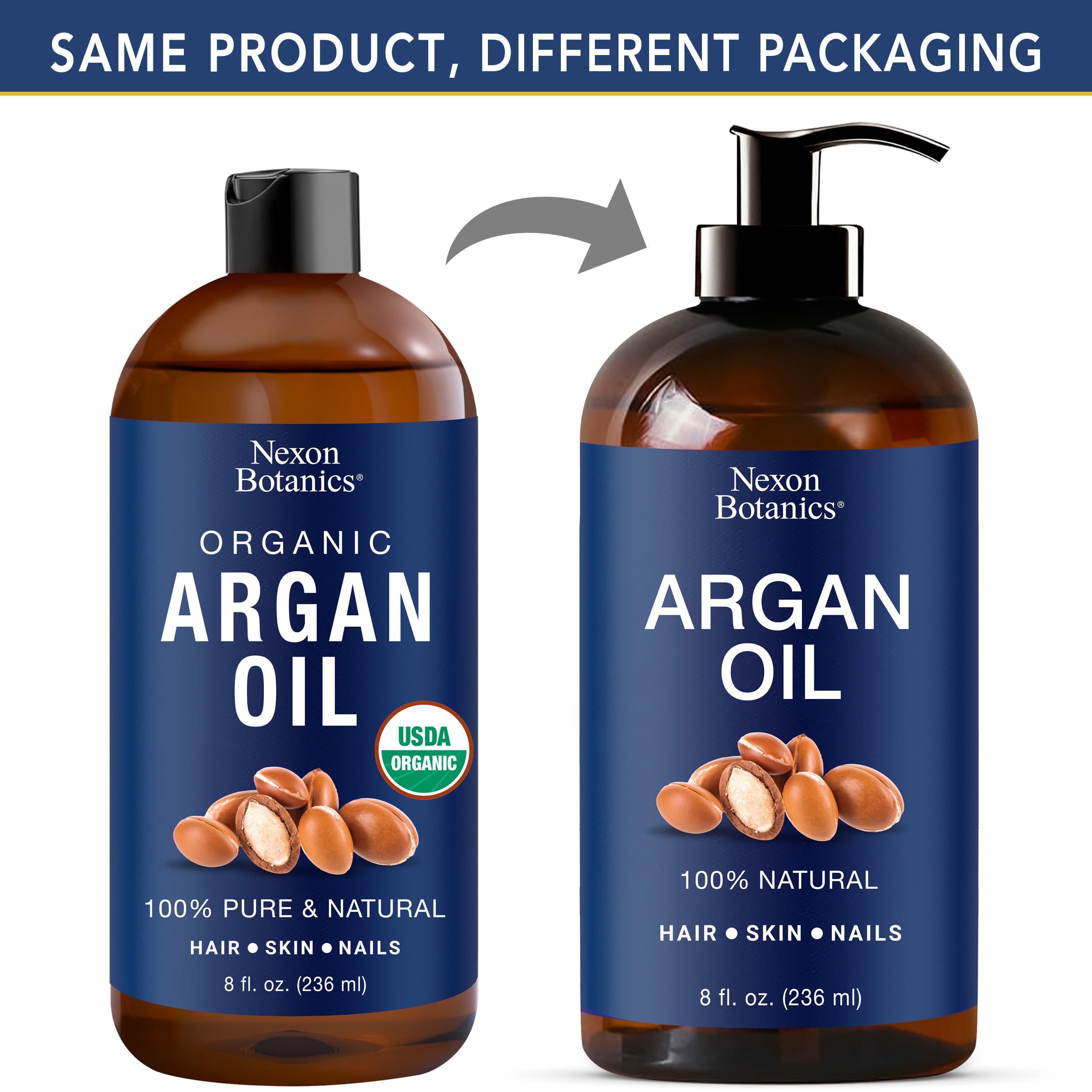 Nexon Botanics Argan Oil label detail emphasizes organic, hexane-free formulation.