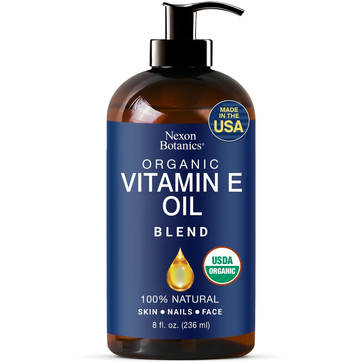 Nexon Botanics Organic Vitamin E Oil bottle for skin hydration.