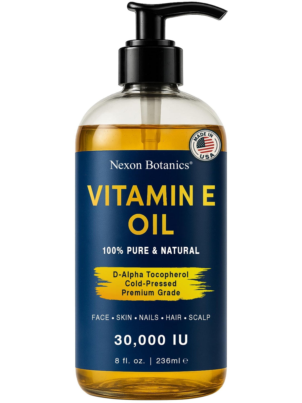 Nexon Botanics Pure Vitamin E Oil bottle pour for easy skin hydration