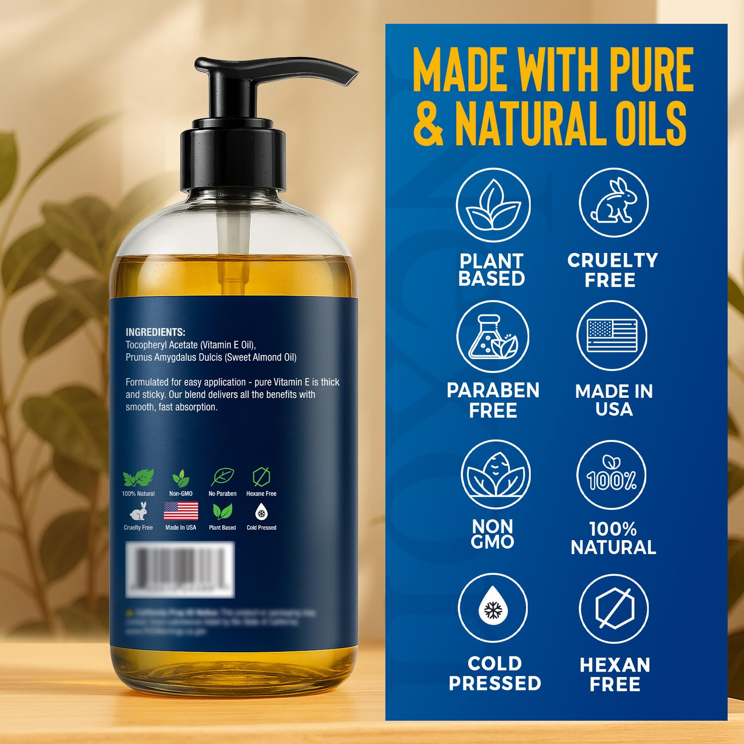 Made in USA badge on Nexon Botanics Vitamin E Oil bottle