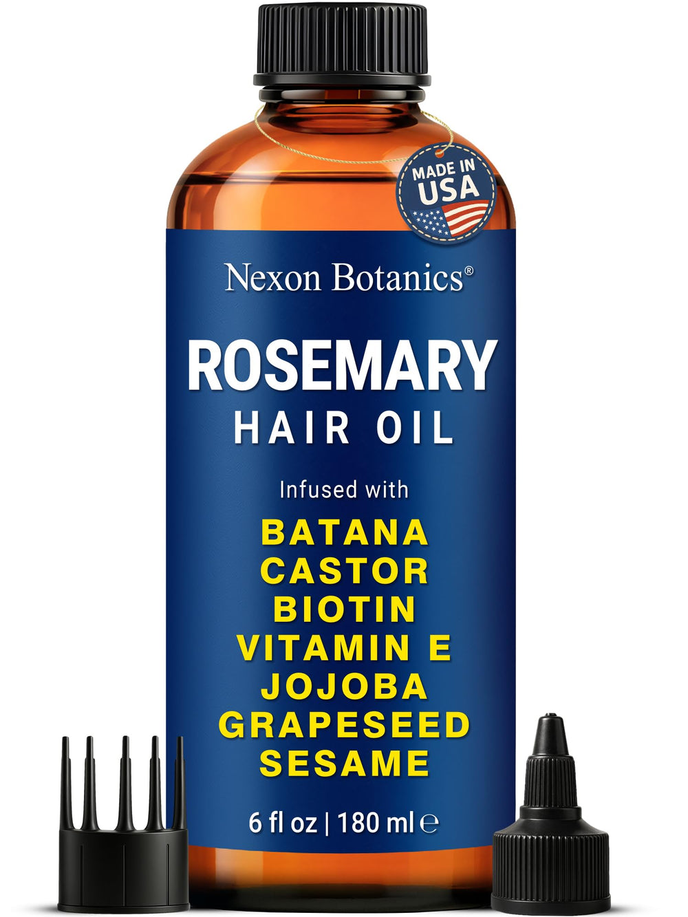 Nexon Botanics rosemary oil bottle promotes nourishing scalp support.