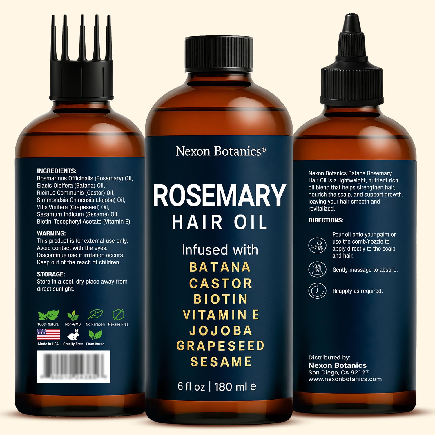Nexon Botanics rosemary oil drops on scalp for hydration.