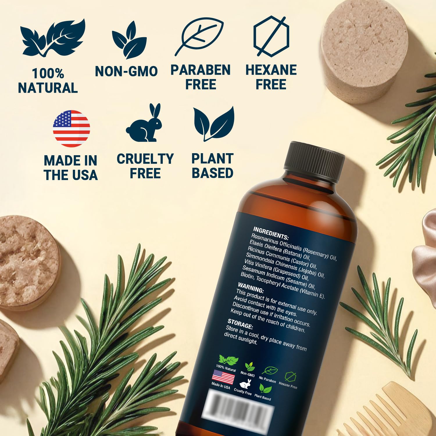 Nexon Botanics USA-made bottle displayed with natural ingredients.