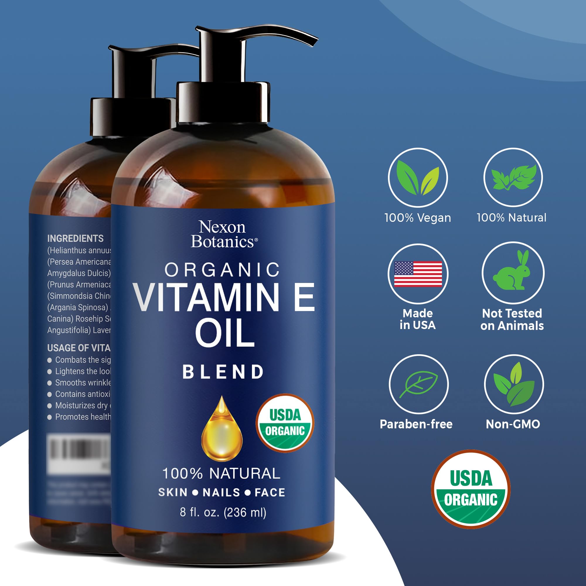 Nexon Botanics Vitamin E oil in amber bottle protection.