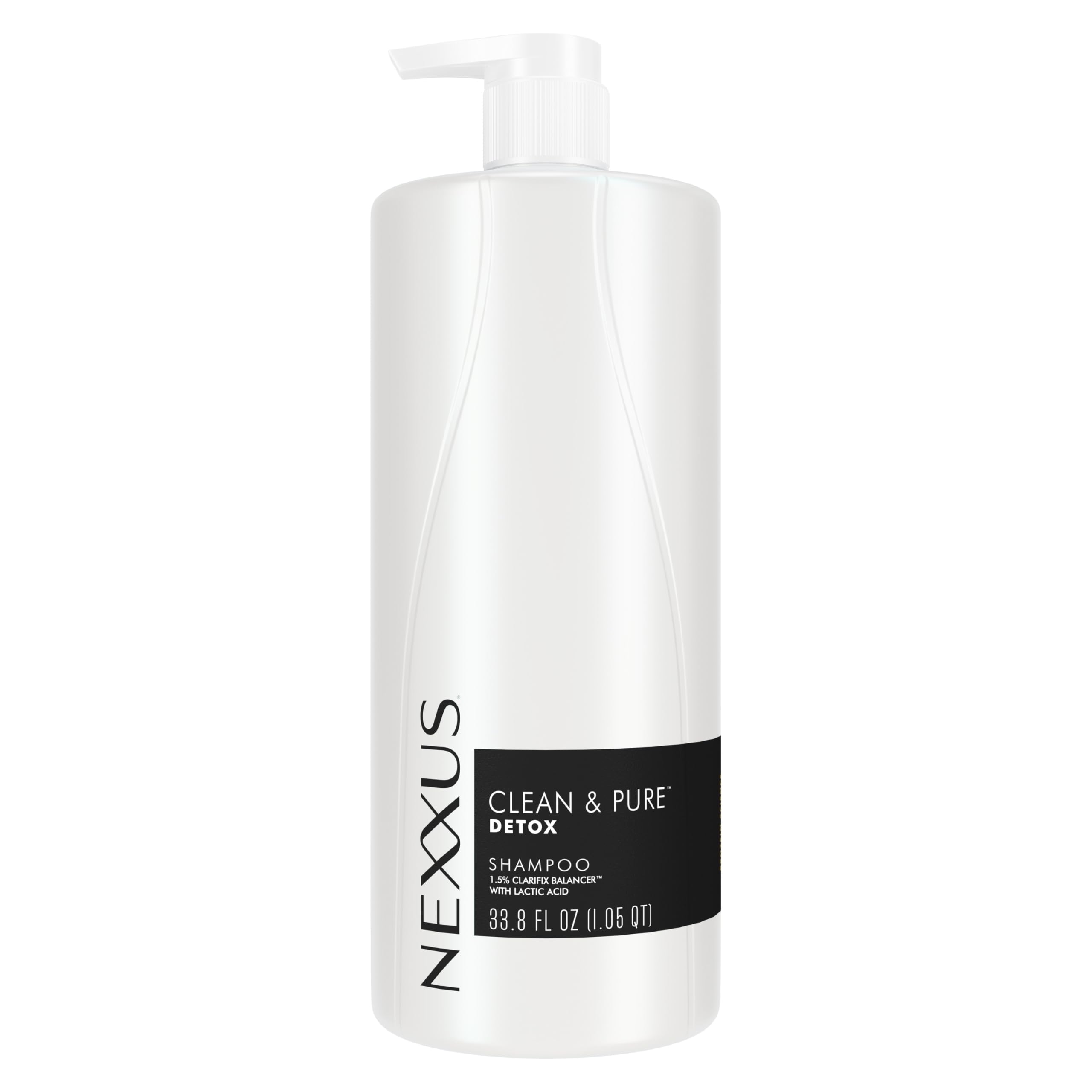 Nexxus Clean & Pure clarifying shampoo bottle front highlights detoxifying care for all hair types