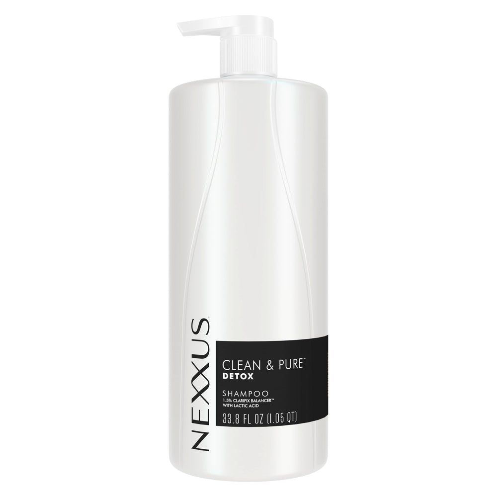 Nexxus Clean & Pure clarifying shampoo bottle front highlights detoxifying care for all hair types
