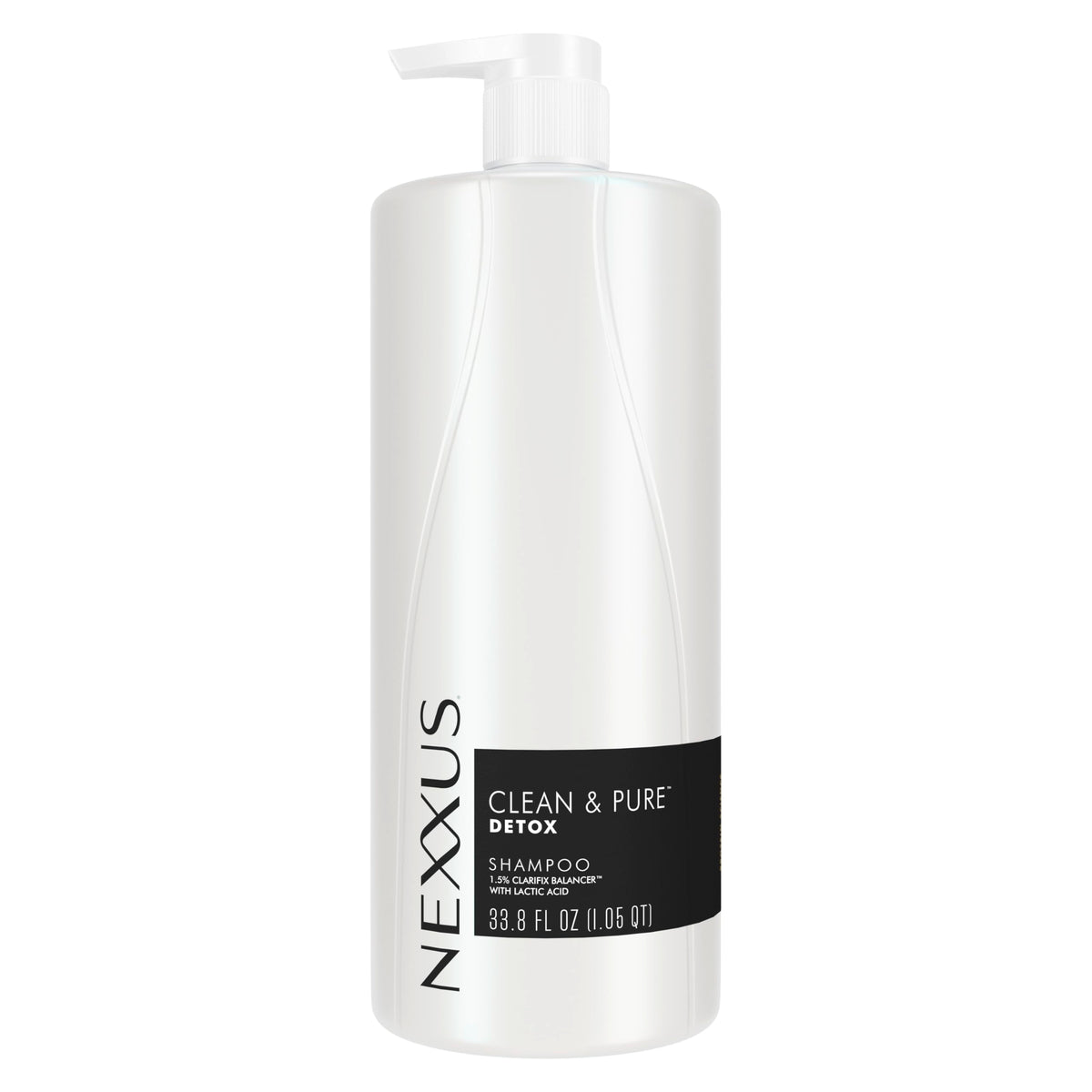 Nexxus Clean & Pure clarifying shampoo bottle front highlights detoxifying care for all hair types