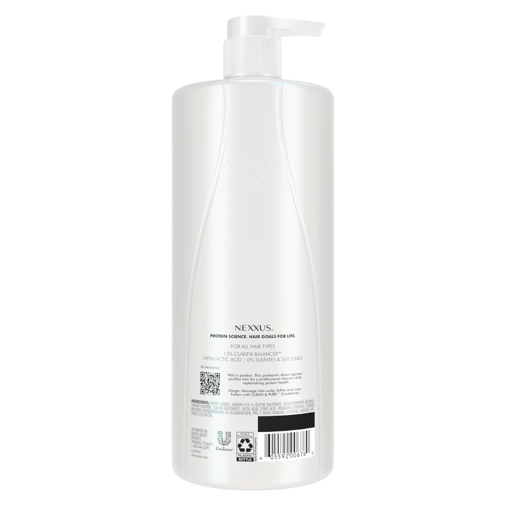 Nexxus Clean & Pure clarifying shampoo label close-up emphasizes silicone-, dye-, and paraben-free formula