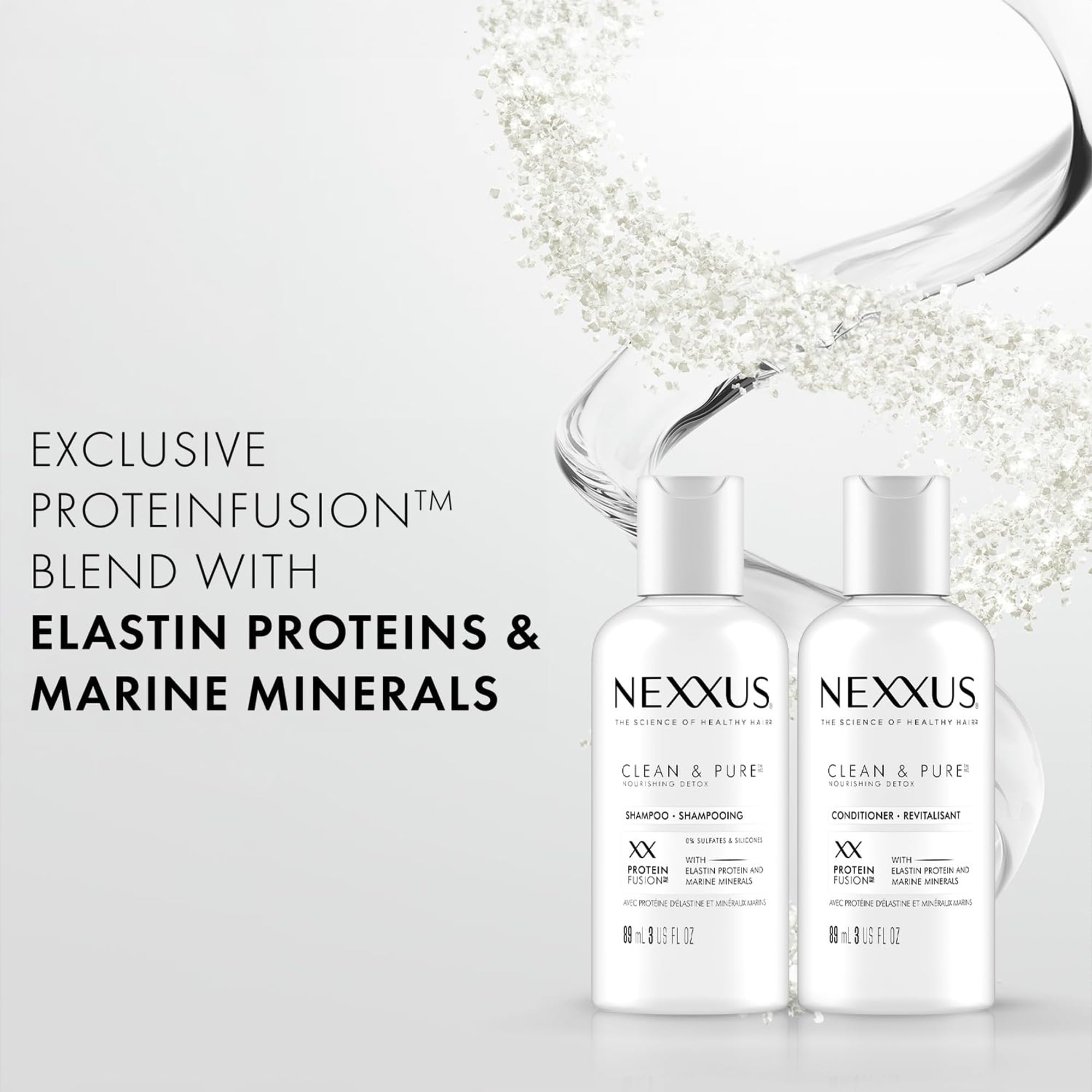 Nexxus Clean and Pure travel kit in-use scene for on-the-go care.