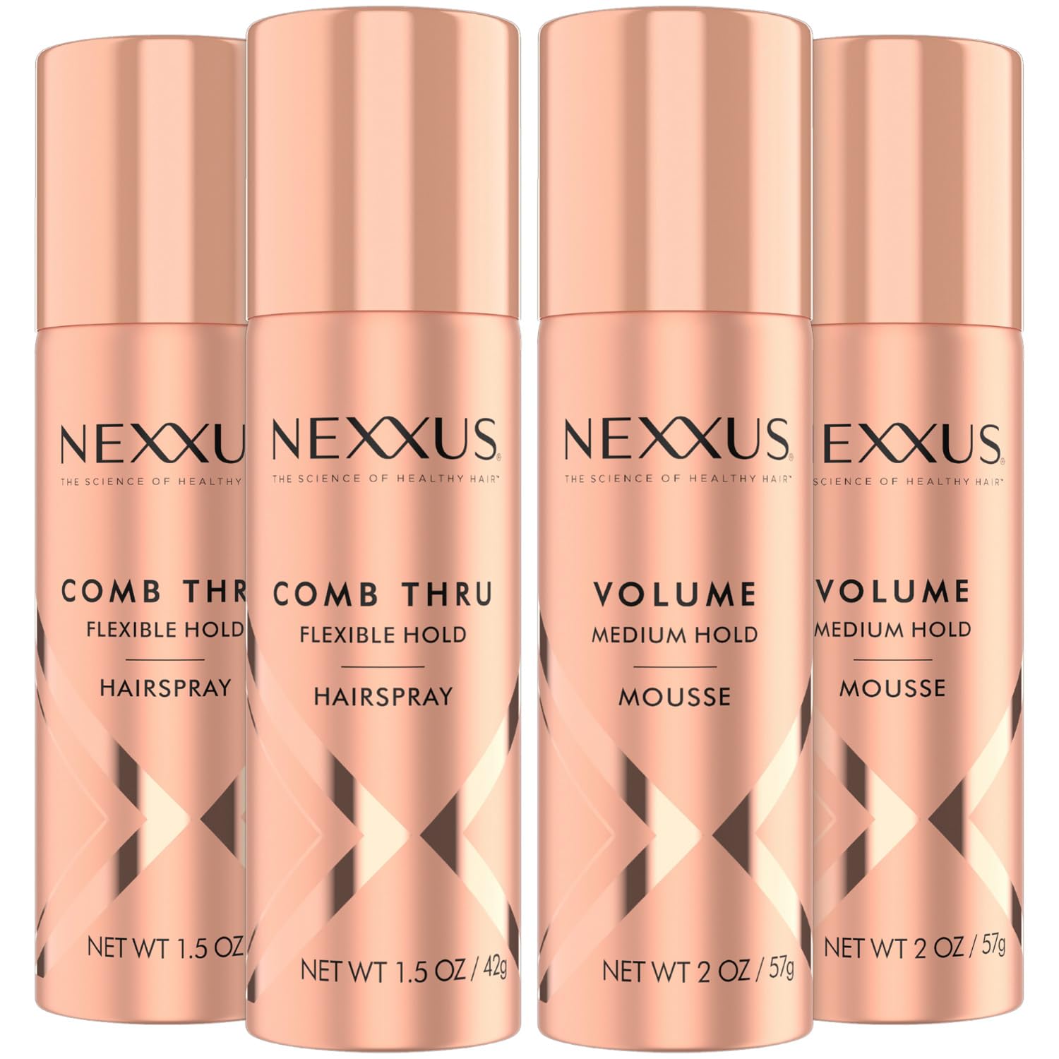 Nexxus Comb Thru flexible hold spray bottle showing brushable control.