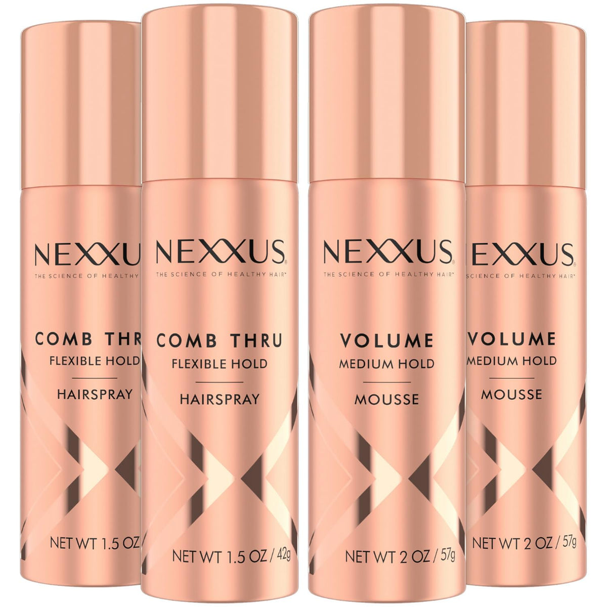 Nexxus Comb Thru flexible hold spray bottle showing brushable control.