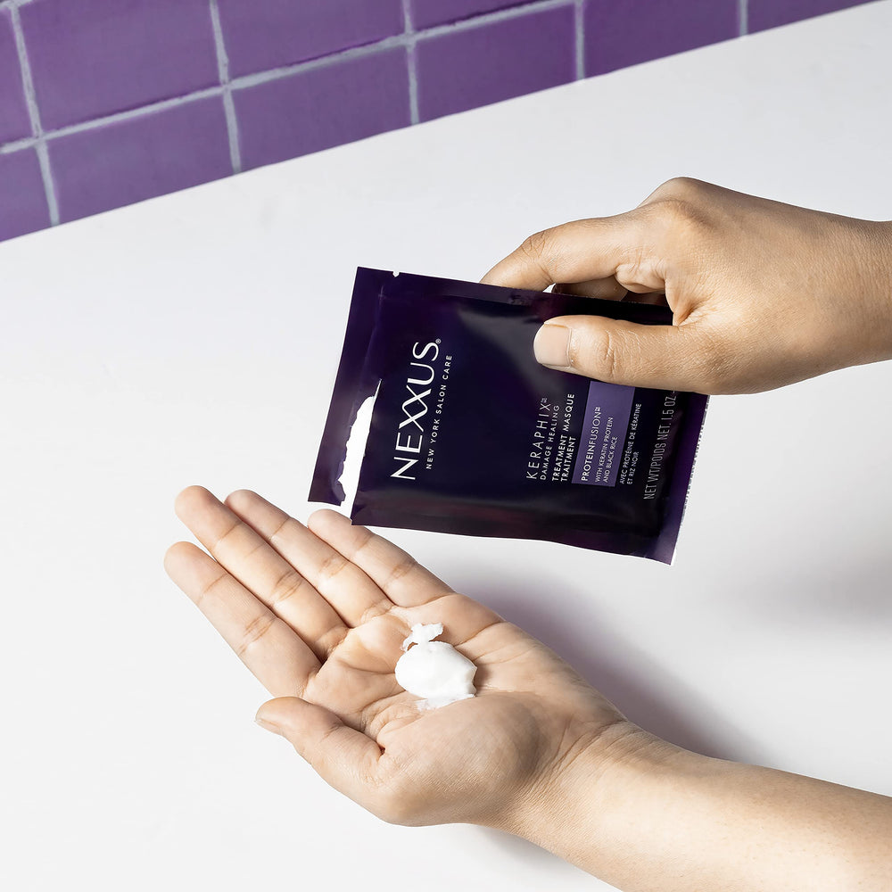 Nexxus Keraphix Mask leaves hair aligned, flexible, and smooth.