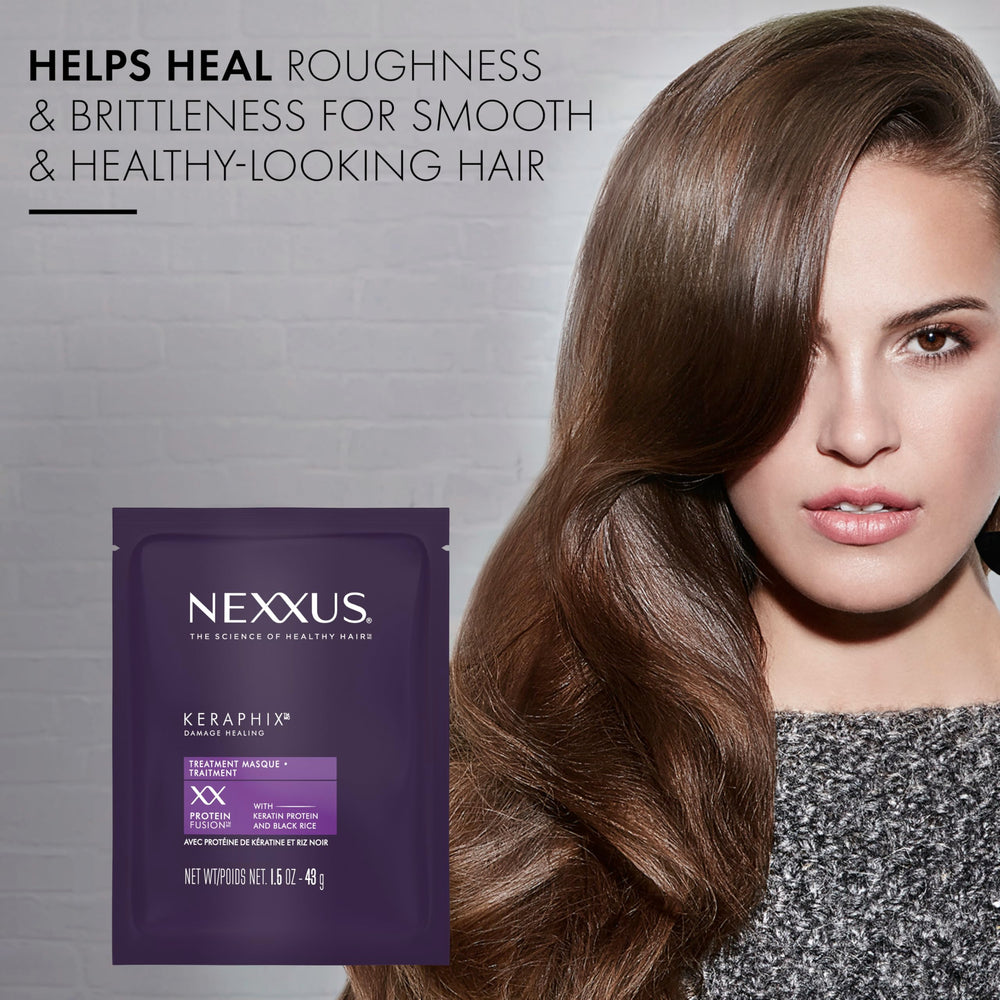 Nexxus Keraphix Mask ultra-fine film forms protective layer around hair.