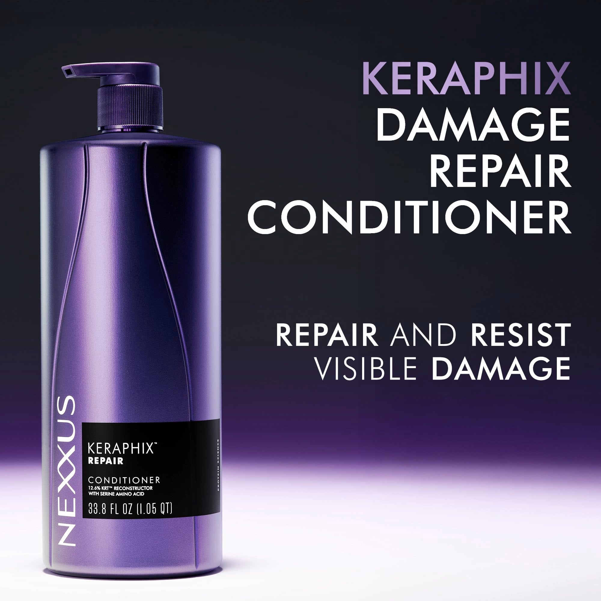 Nexxus Keraphix display shows shampoo and conditioner duo for a complete system.