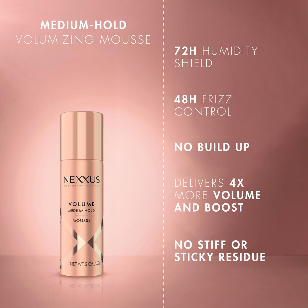 Nexxus Travel Mousse rose fragrance close-up bottle adds subtle luxury.