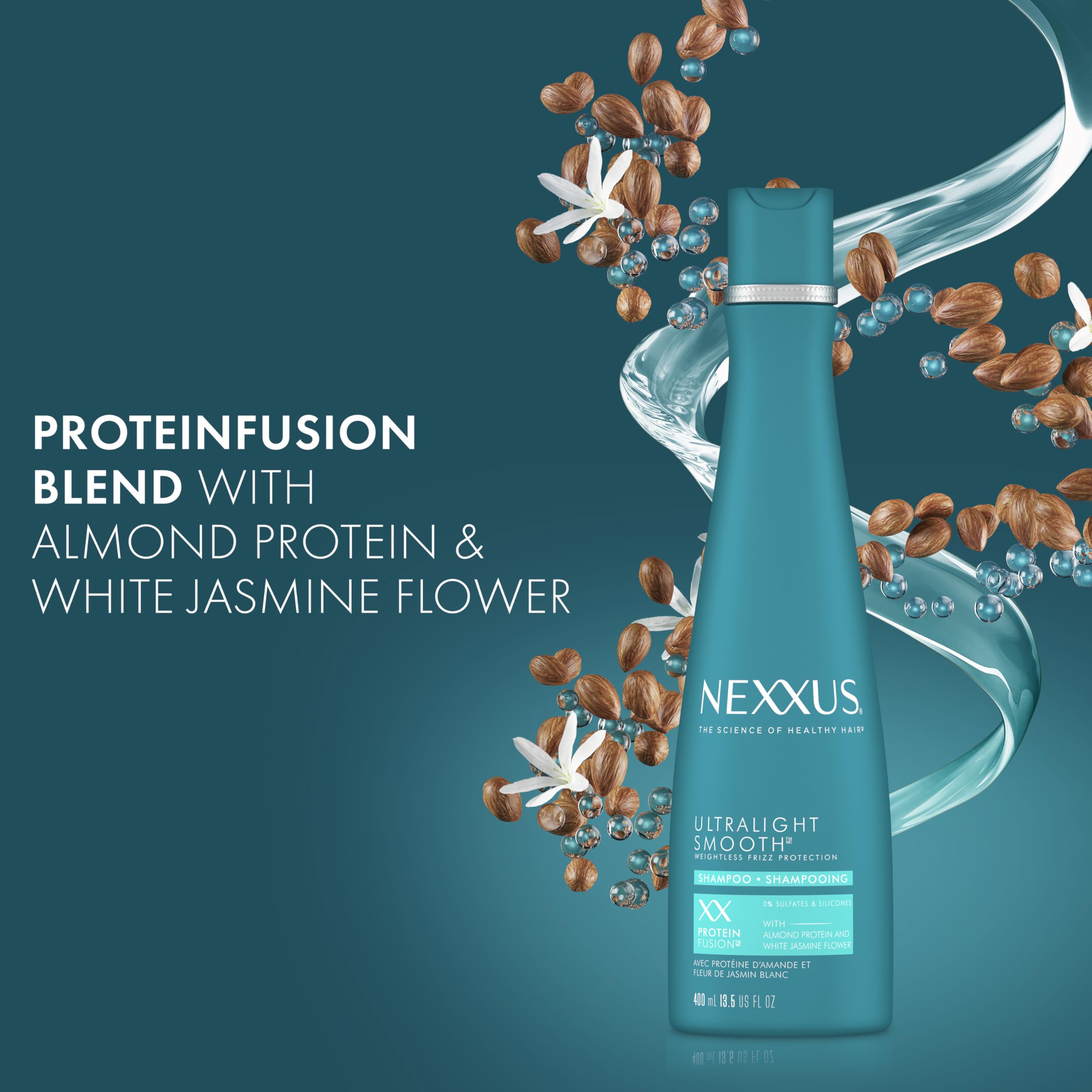 Nexxus Ultralight Smooth Frizz Defy Serum drop showing targeted frizz control