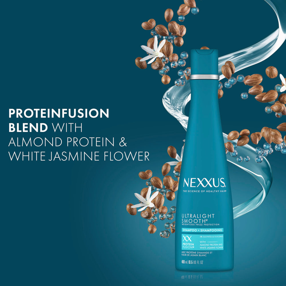 Nexxus Ultralight Smooth Frizz Defy Serum drop showing targeted frizz control