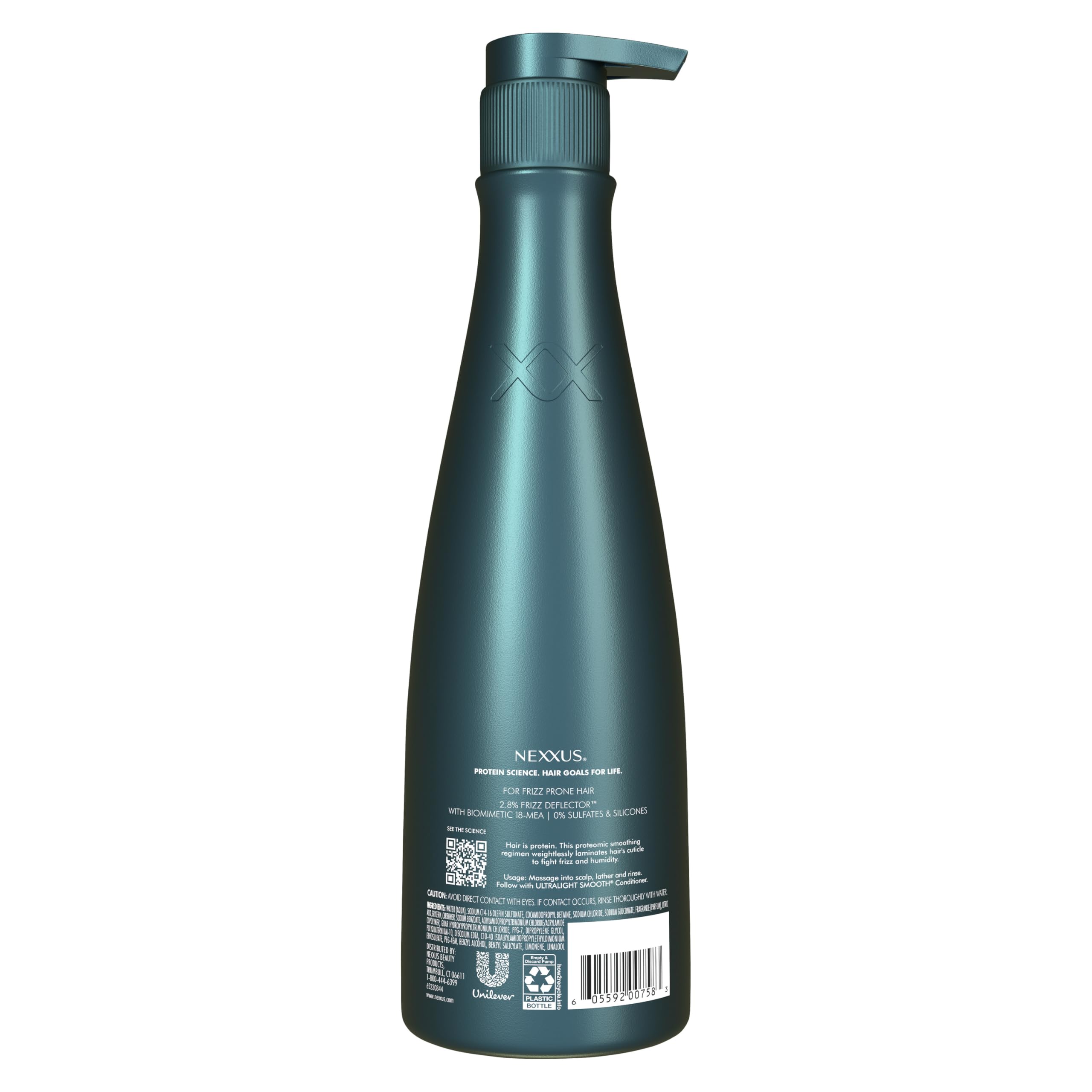 Nexxus Ultralight Smooth Shampoo back-label emphasizes silicone-free, sulfate-free formula for a lightweight cleanse