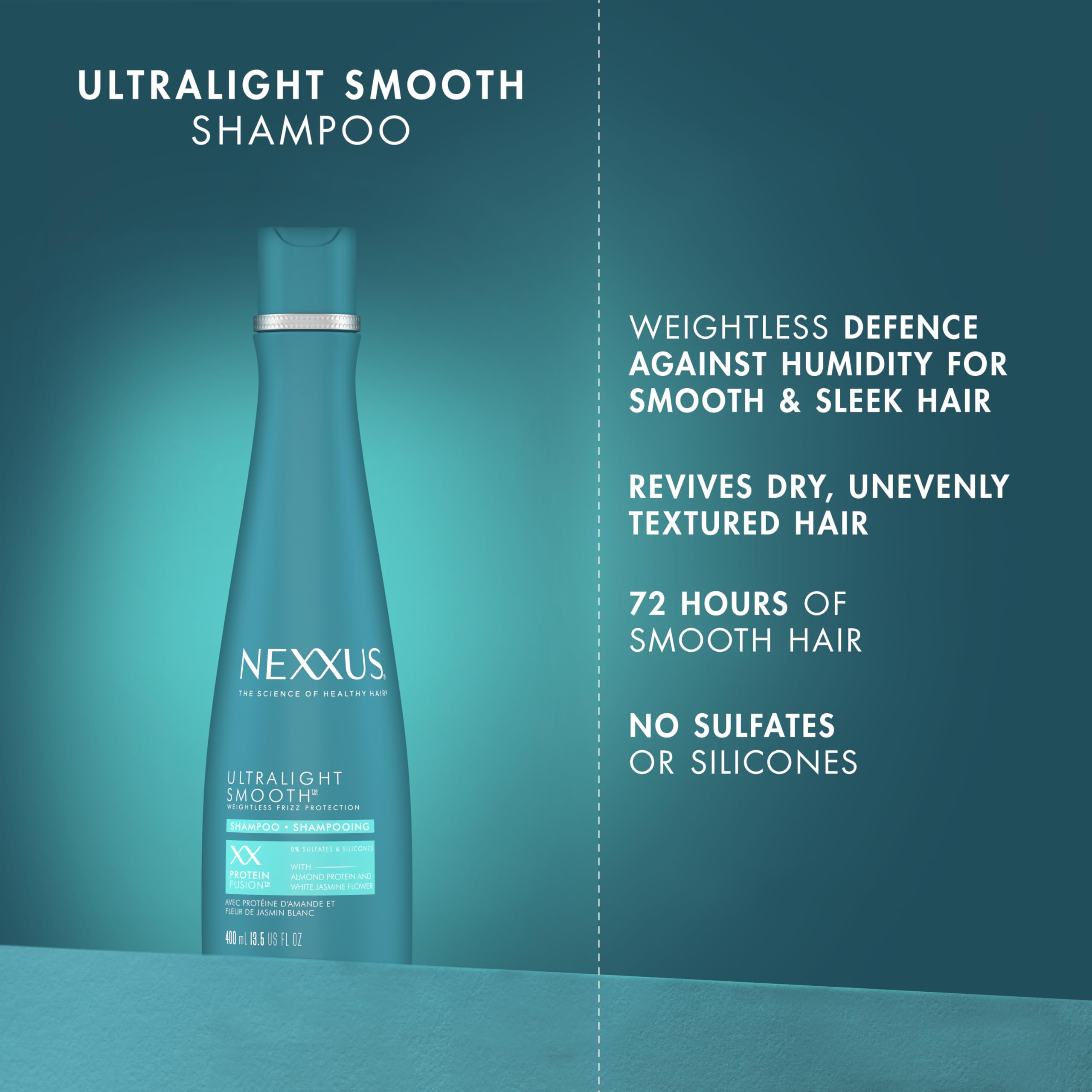 Nexxus Ultralight Smooth System conditioner bottle beside shampoo illustrating full frizz-fighting routine