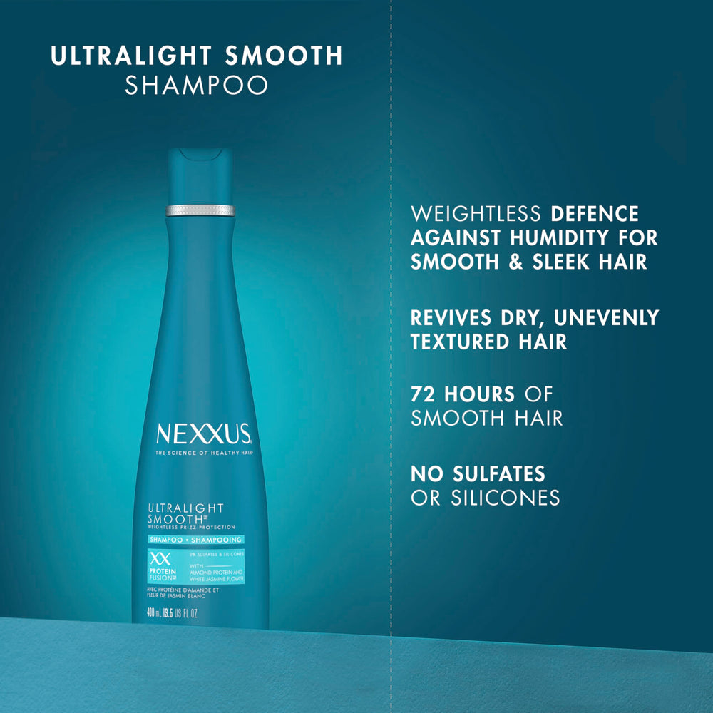 Nexxus Ultralight Smooth System conditioner bottle beside shampoo illustrating full frizz-fighting routine