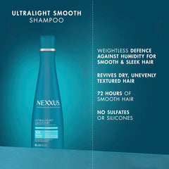Nexxus Ultralight Smooth System conditioner bottle beside shampoo illustrating full frizz-fighting routine