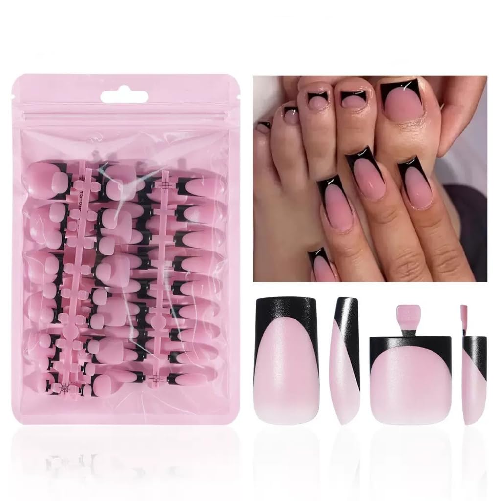 NHIXK black French tip nails in square shape for salon-style wear.