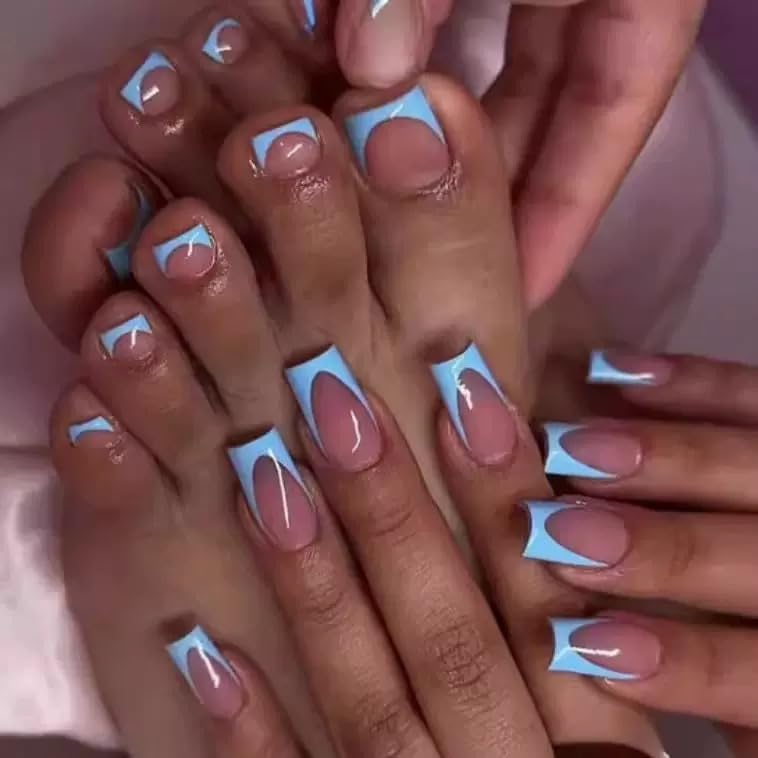 NHIXK blue French tip square nails shown for a stylish short-square look.