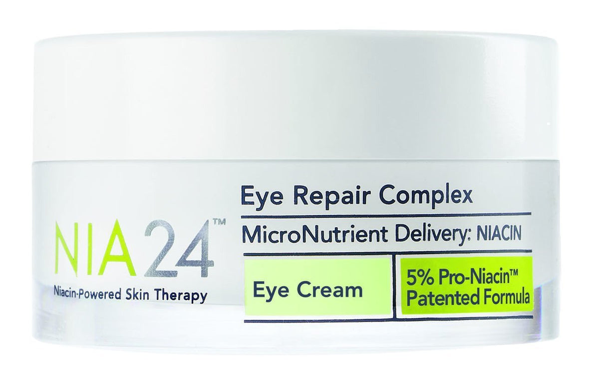 NIA24 Eye Repair Complex jar close-up showing rich cream for under-eye rejuvenation and brightening