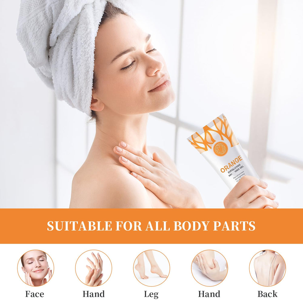Body application demonstrating full-body exfoliation with natural orange gel.
