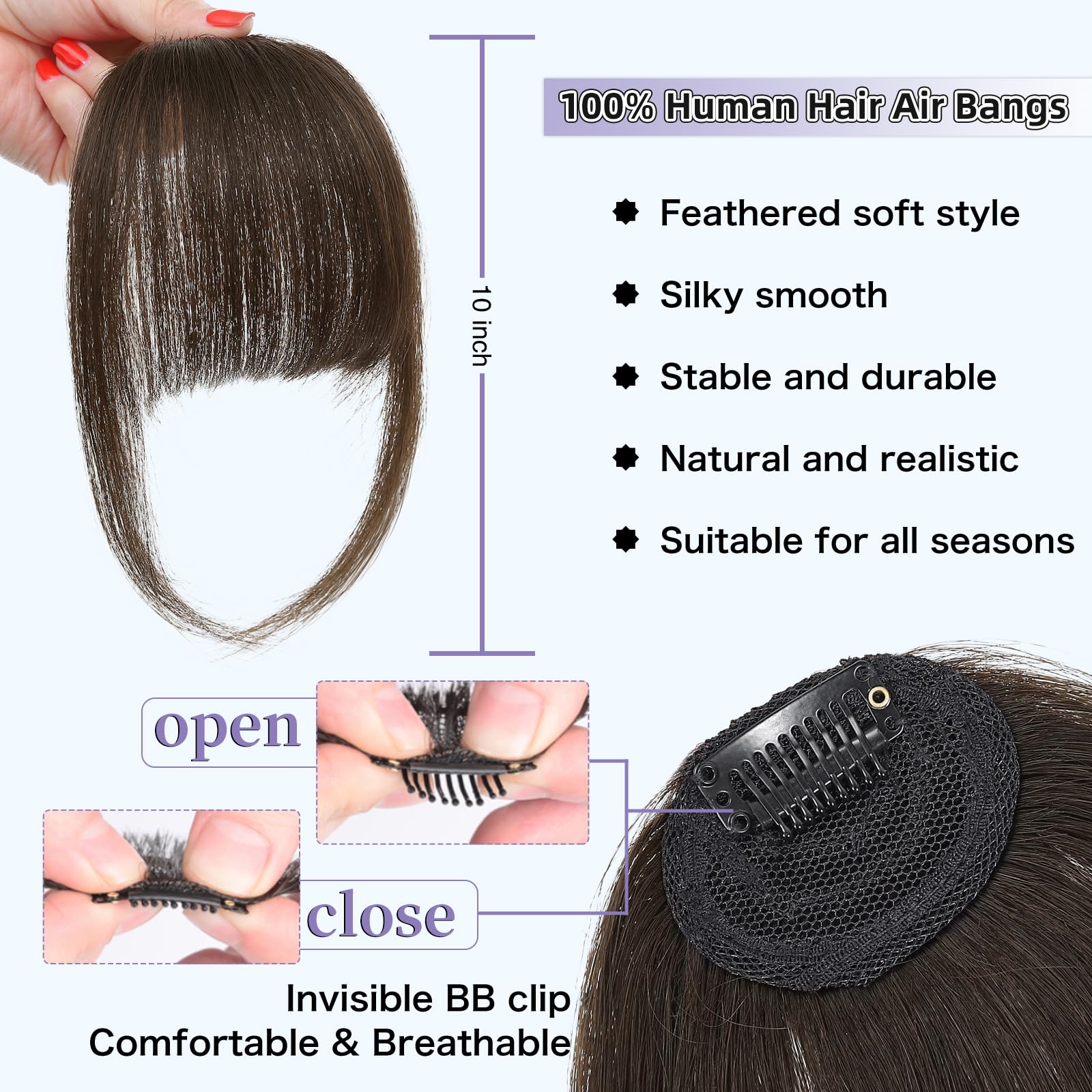 Niceone Hair dark brown bangs close-up highlights soft texture and realistic fringe.