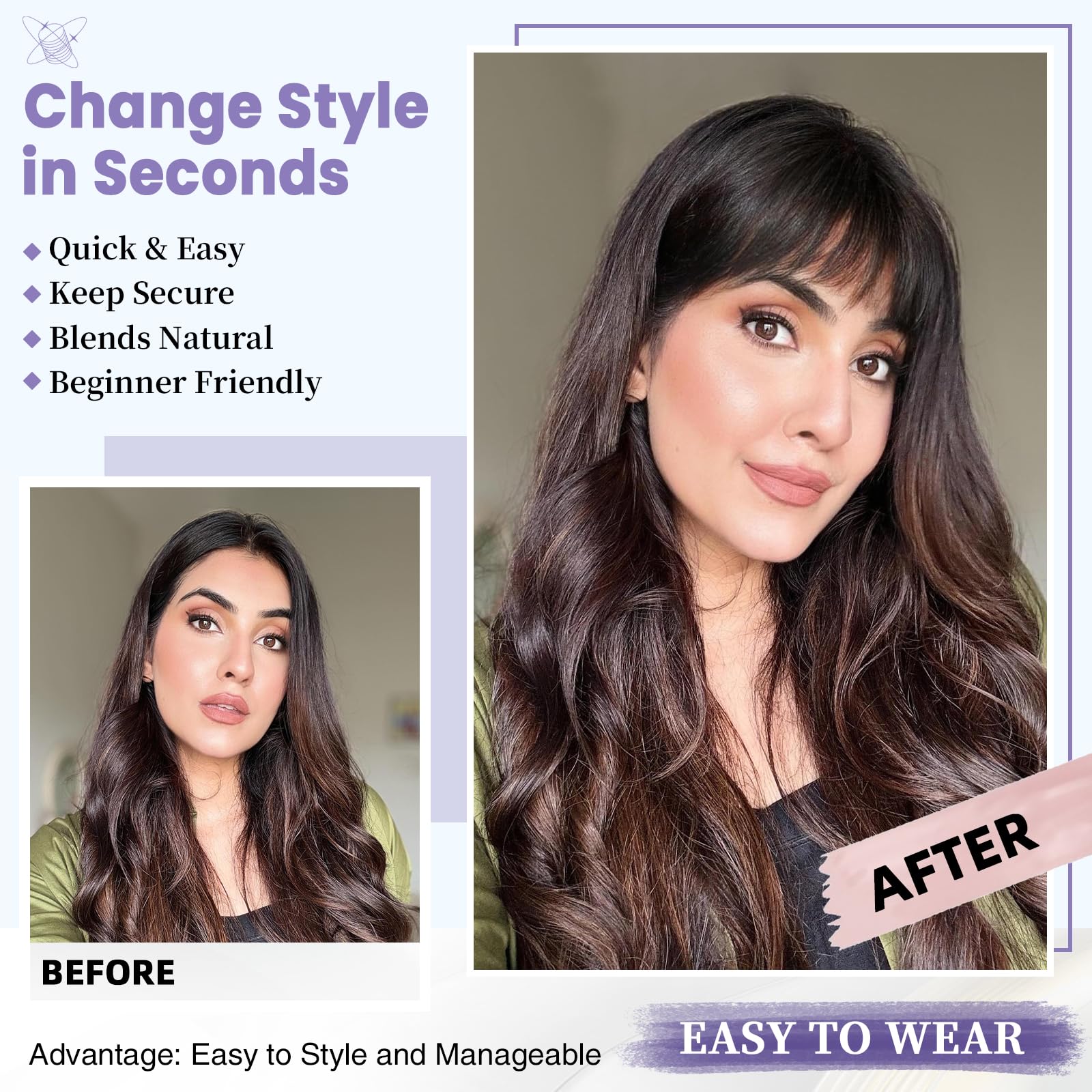 Niceone Hair feathered fringe close-up shows soft, natural movement.