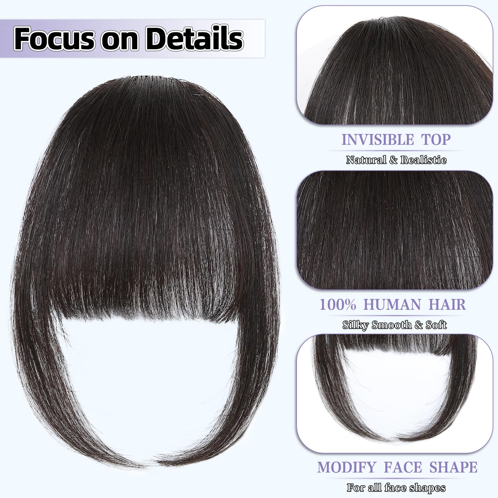 Niceone Hair Wispy Bangs hair-detail reveals soft wispy edges for blending.